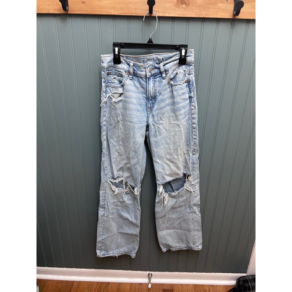 American Eagle Stovepipe High Rise Distressed Straight Leg Jeans Light Wash 00S